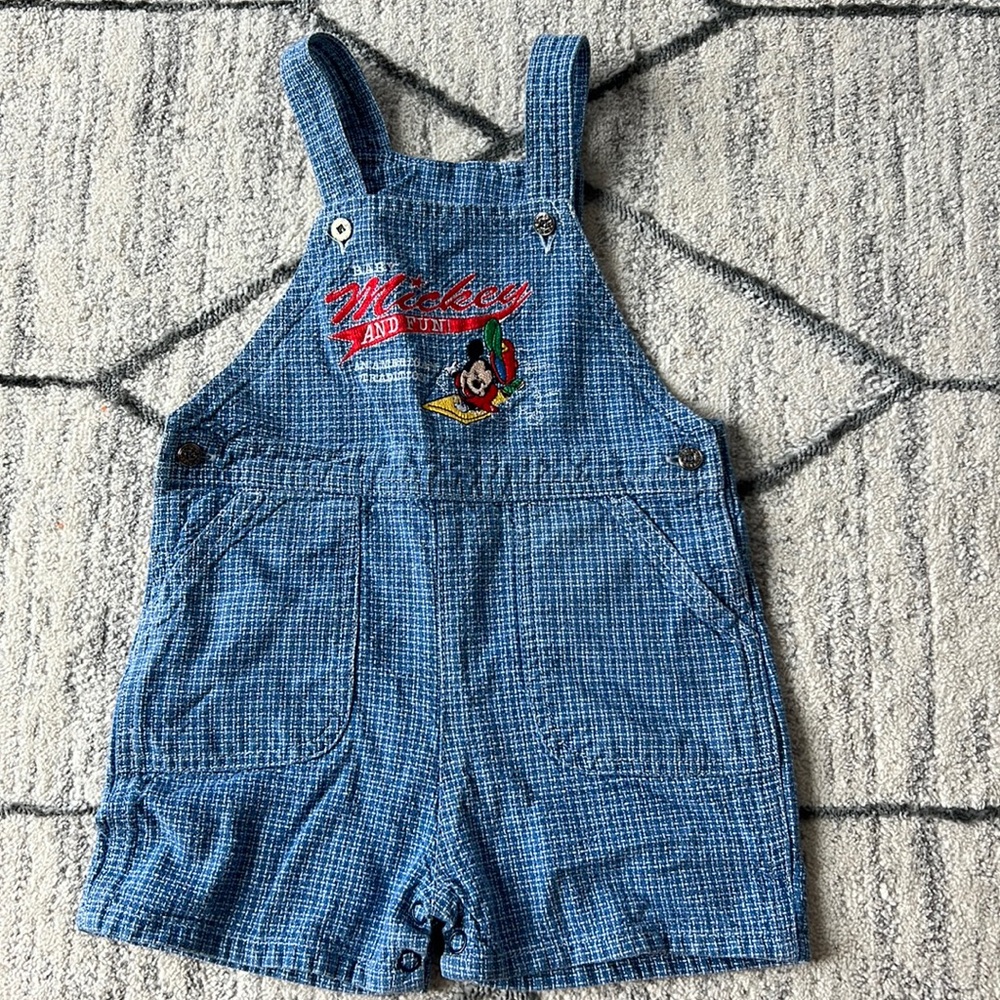 Vintage Mickey Mouse Plaid Denim Overalls Embroidered Size 12 months